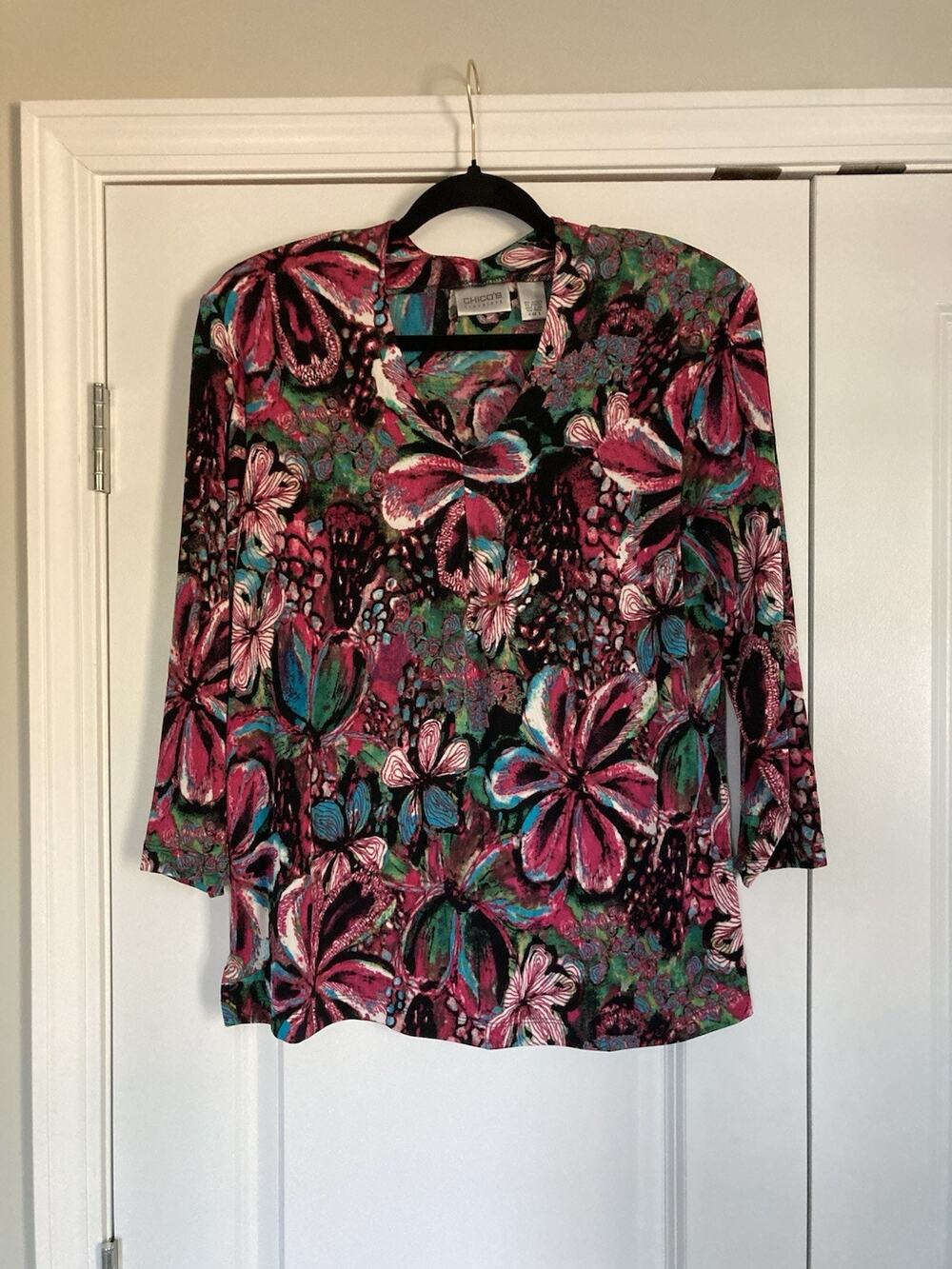 Chico's Travelers Size 3 Top Blouse Tunic Colorful Hibiscus XL 16 Slinky Tropic